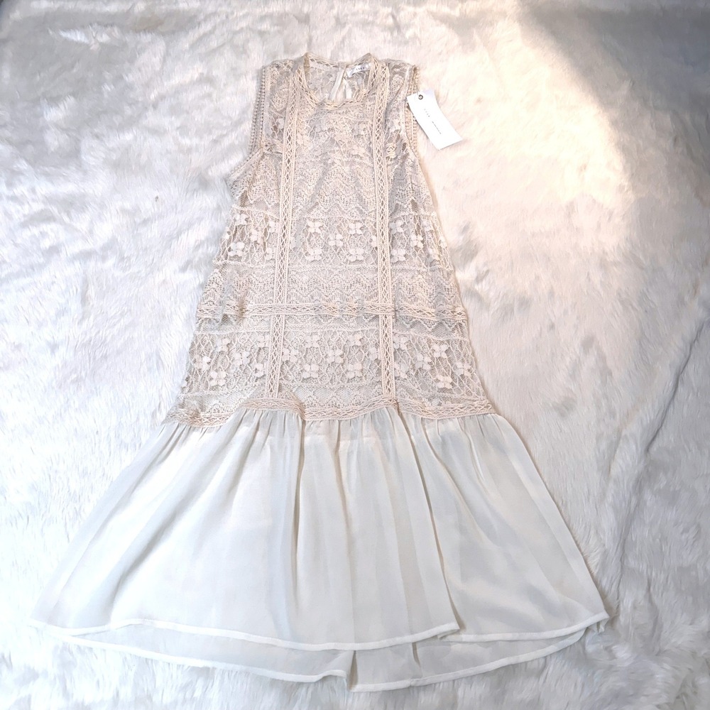 Lush Lace Tiered Midi Dress Womens Small Cream Sleeveless Boho Romantic Bridal